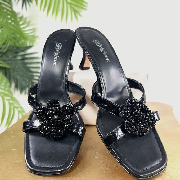 Vintage Y2K Black Fairy Grunge Flower Open Toe Slip On Kitten 2000s Heels / 6.5 - Picture 1 of 6